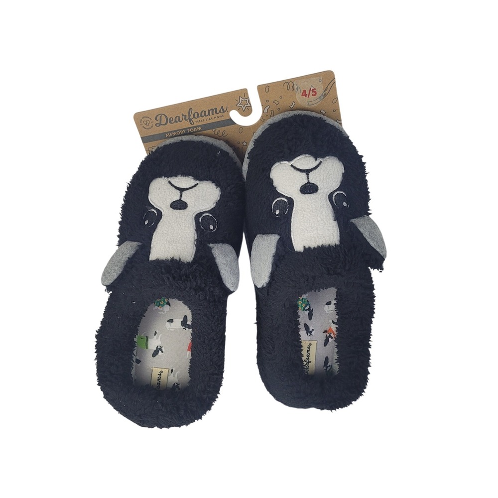 Dearfoams Kids Memory Foam Animal‎ Slippers Black White Size 4-5
